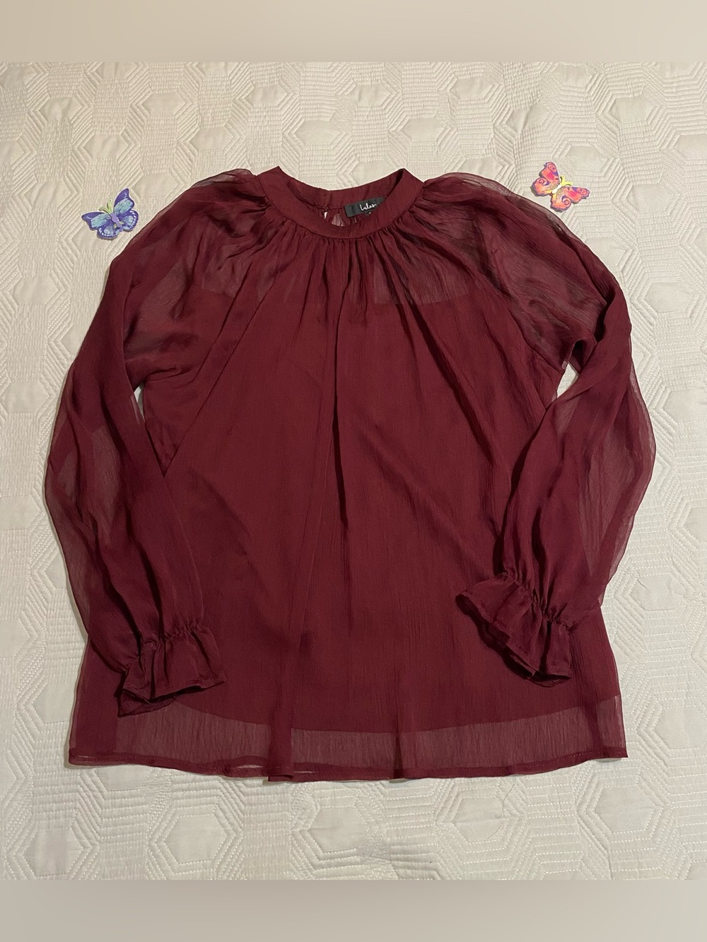 Lulu’s Women's Burgundy Long-Sleeve Sheer Blouse Size L